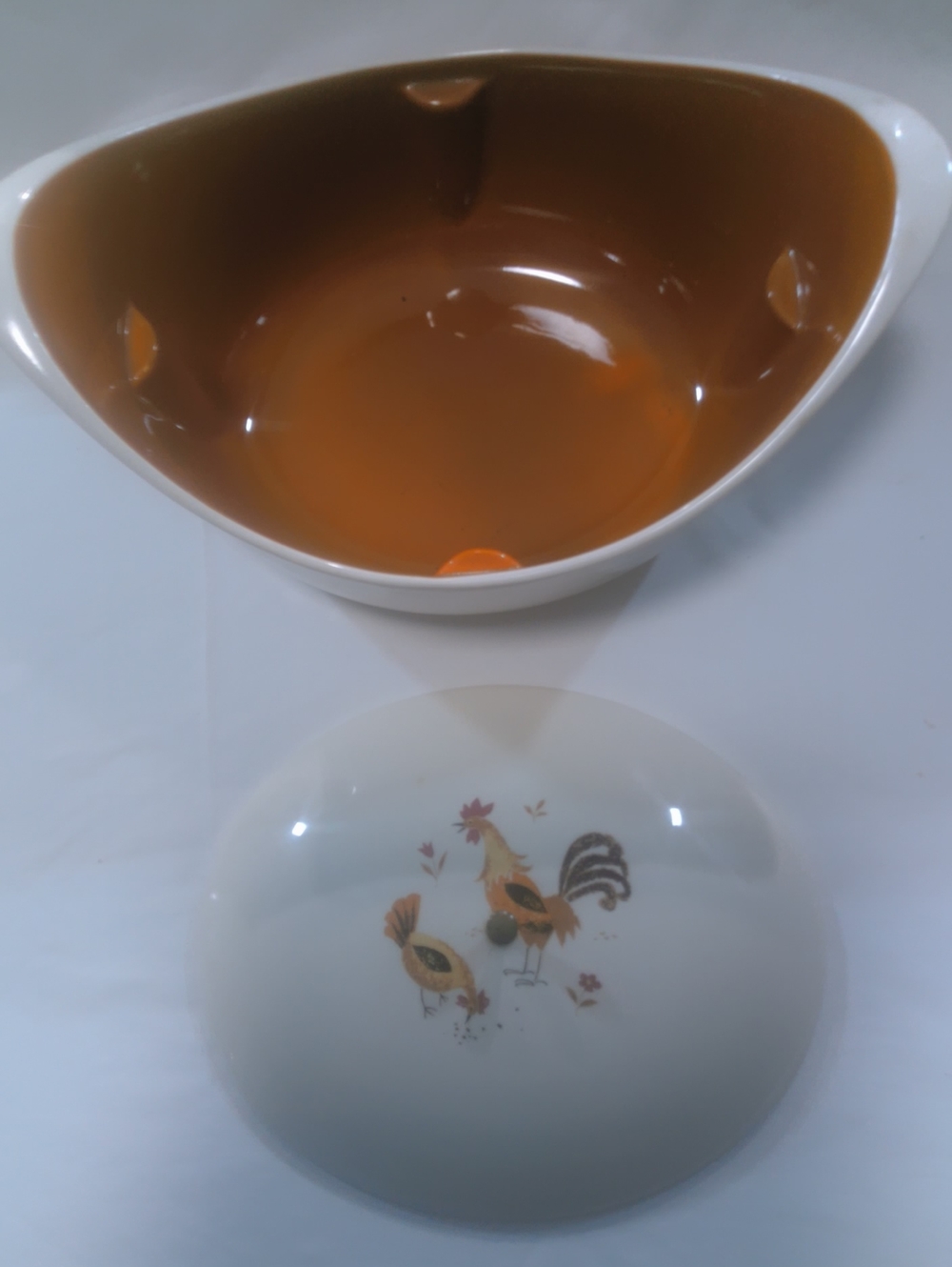 Source Unknown White Ceramic Casserole with Brown Interior and Rooster Motif
